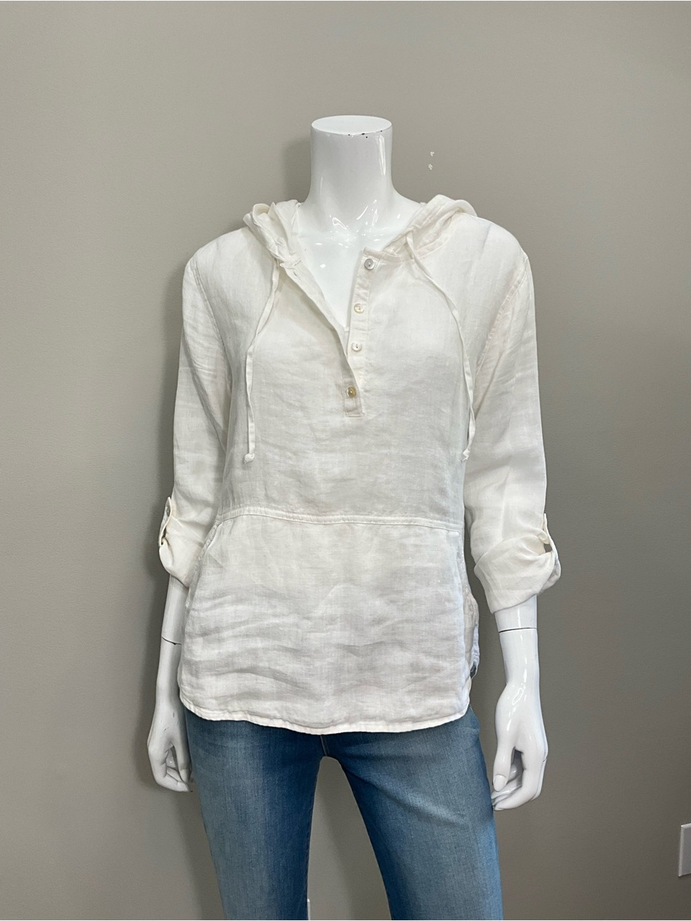 TAHARI 100% Linen Hooded Tunic Top White Button Front Lightweight S